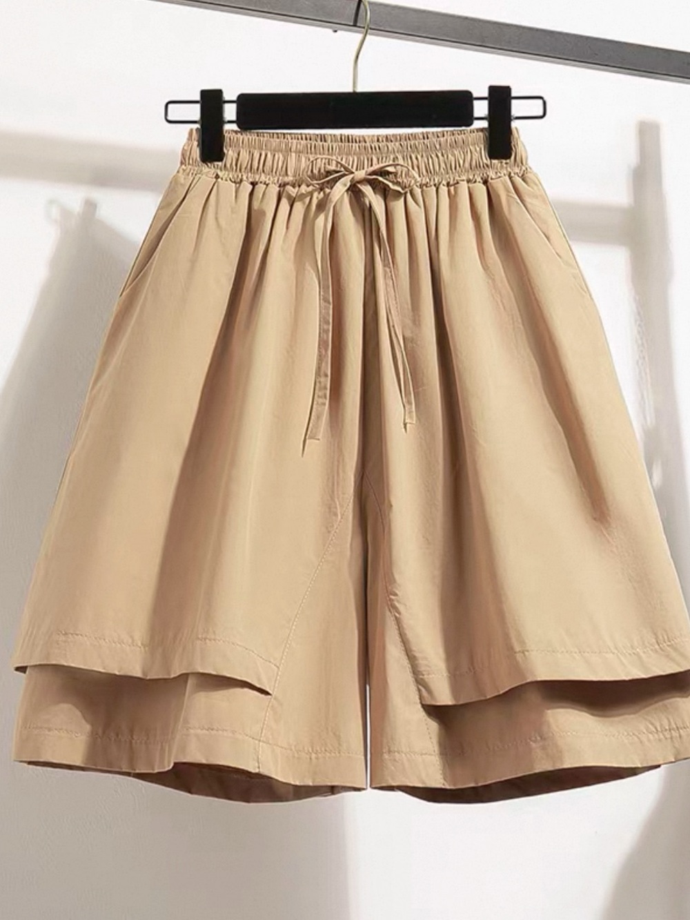 Beige Drawstring Layered Wide-Leg Women's Shorts